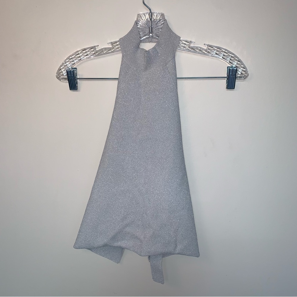 Wilfred Le Fou Metallic 70s Inspired Halter Top Shimmering Silver XXS